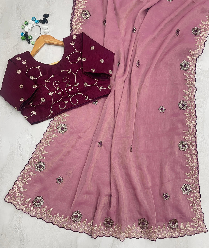 Peach Kasoli Silk Saree with Beautiful Embroidery and Contrast Thread Work ClothsVilla