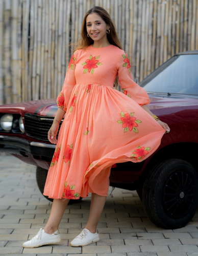 Peach Kota Checks Digital Print Kurti with Full Flair ClothsVilla