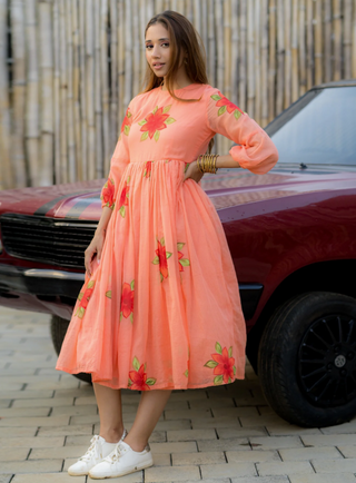 Peach Kota Checks Digital Print Kurti with Full Flair ClothsVilla