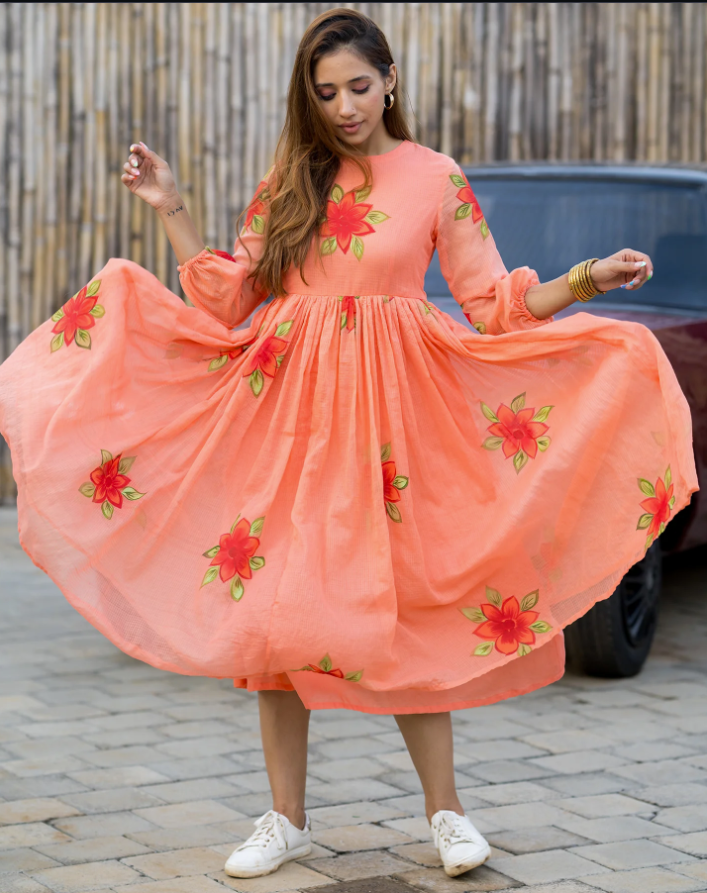 Peach Kota Checks Digital Print Kurti with Full Flair ClothsVilla Main image