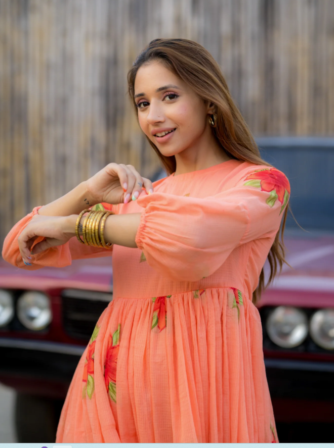 Peach Kota Checks Digital Print Kurti with Full Flair ClothsVilla