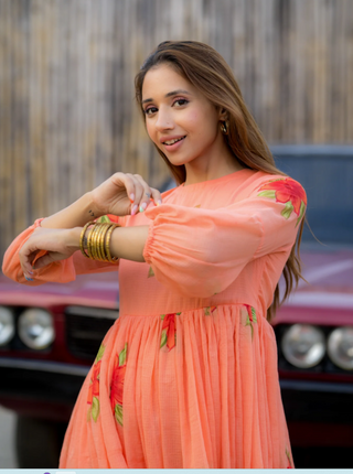 Peach Kota Checks Digital Print Kurti with Full Flair ClothsVilla