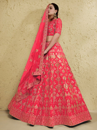 Peach Art Silk Lehenga Choli with Zari & Sequin Embroidery ClothsVilla