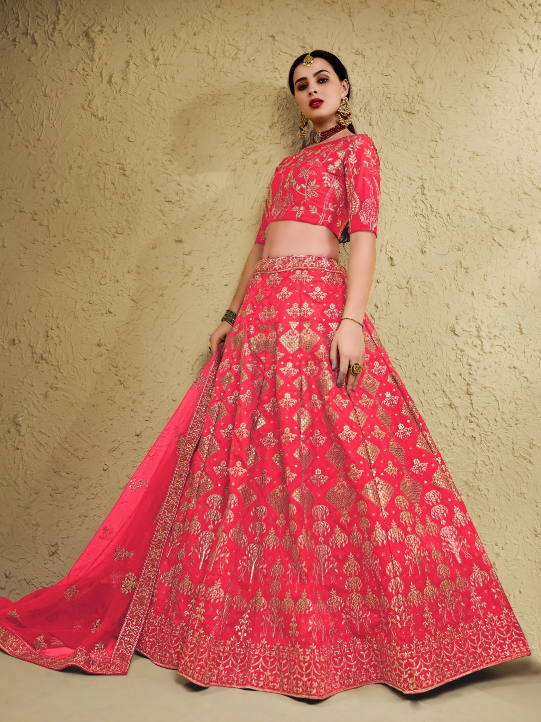 Peach Art Silk Lehenga Choli with Zari & Sequin Embroidery ClothsVilla
