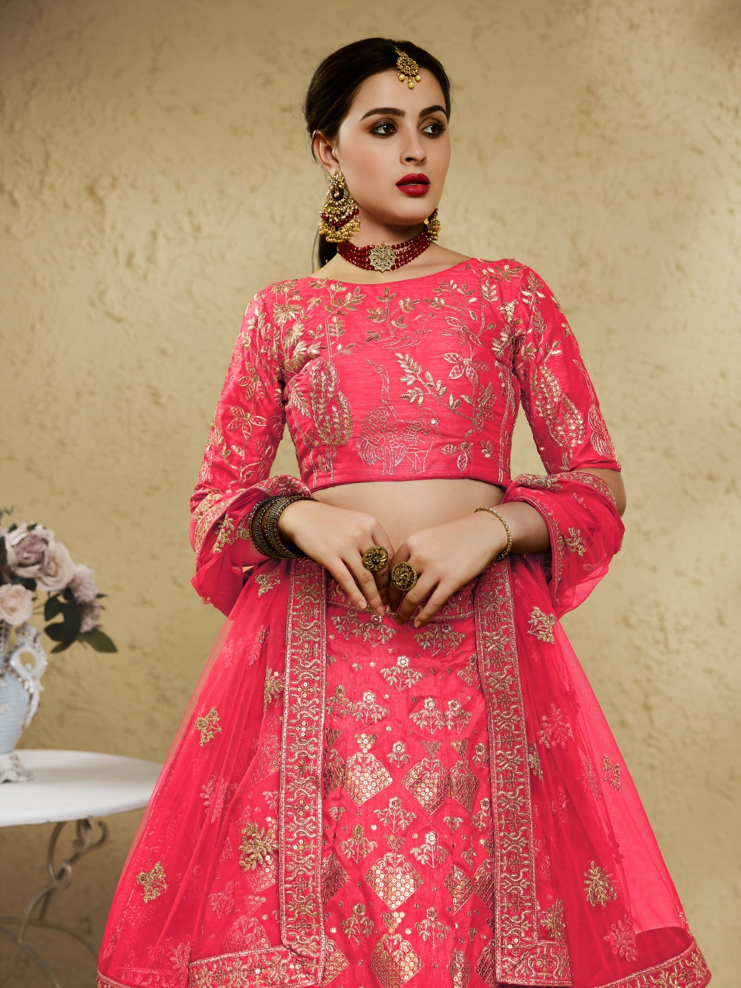 Peach Art Silk Lehenga Choli with Zari & Sequin Embroidery ClothsVilla