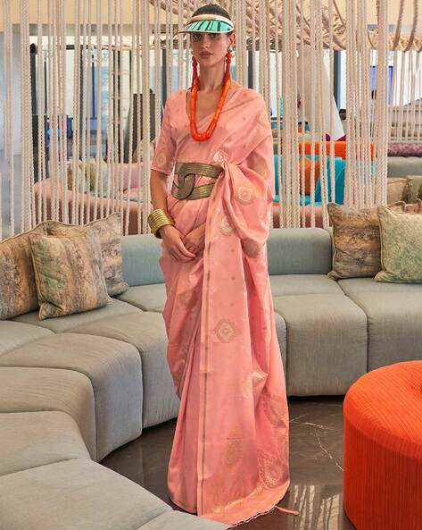 Peach Luxurious Pure Silk Banarasi Saree with Unstitched Blouse Piece ClothsVilla