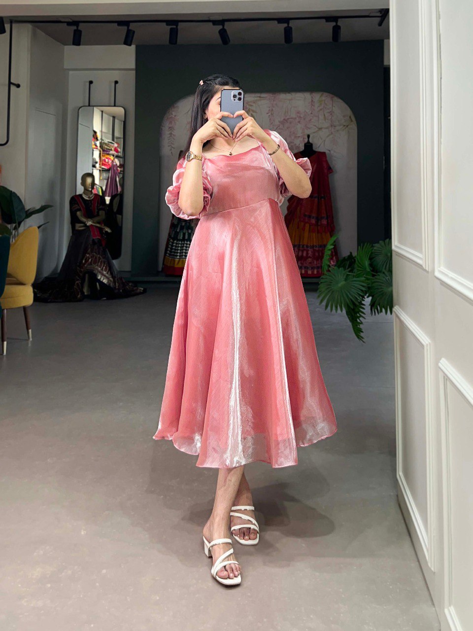 Peach Luxuriously Plain Burberry Silk Frock for Effortless Summer Elegance ClothsVilla