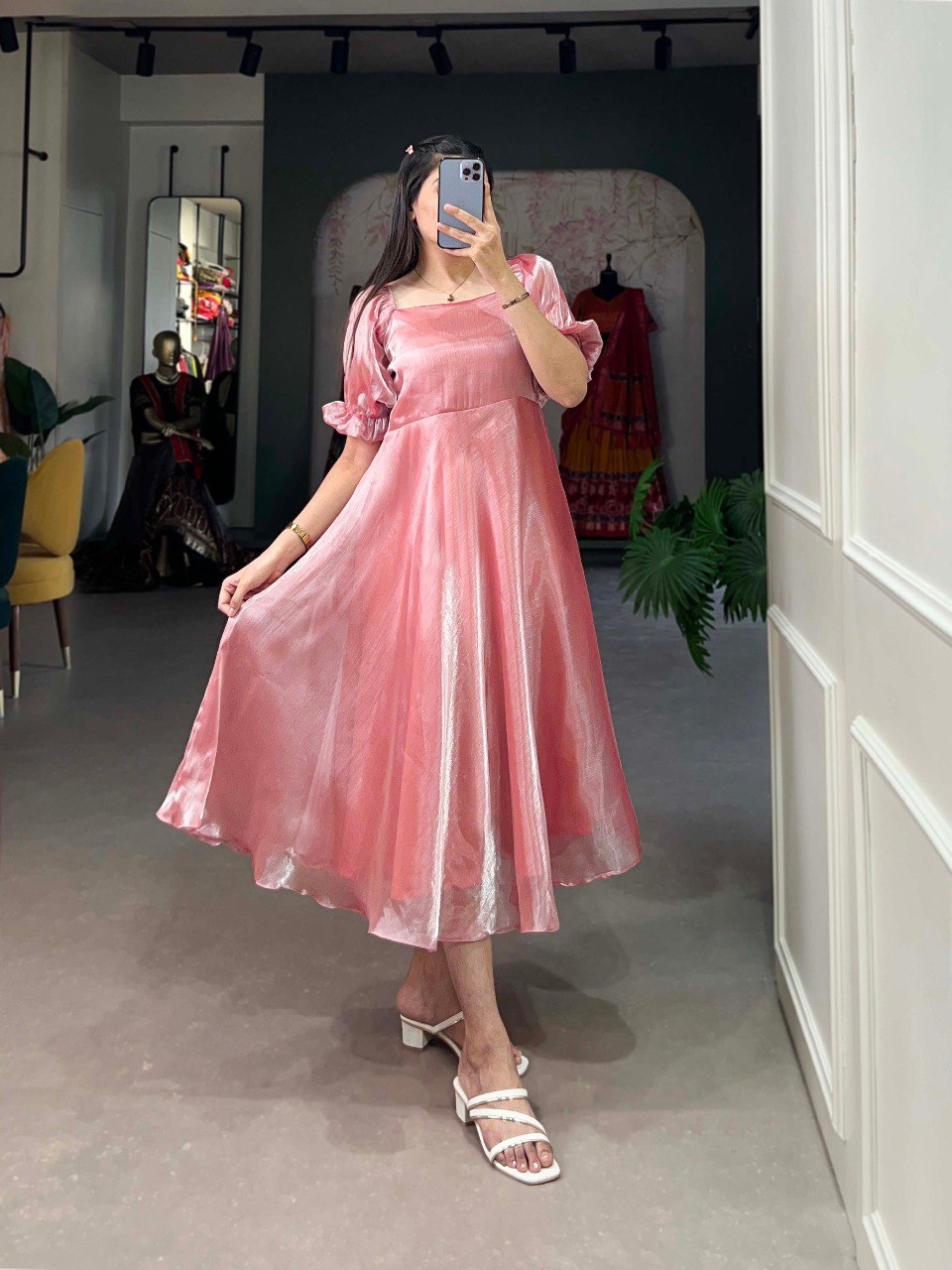 Peach Luxuriously Plain Burberry Silk Frock for Effortless Summer Elegance ClothsVilla