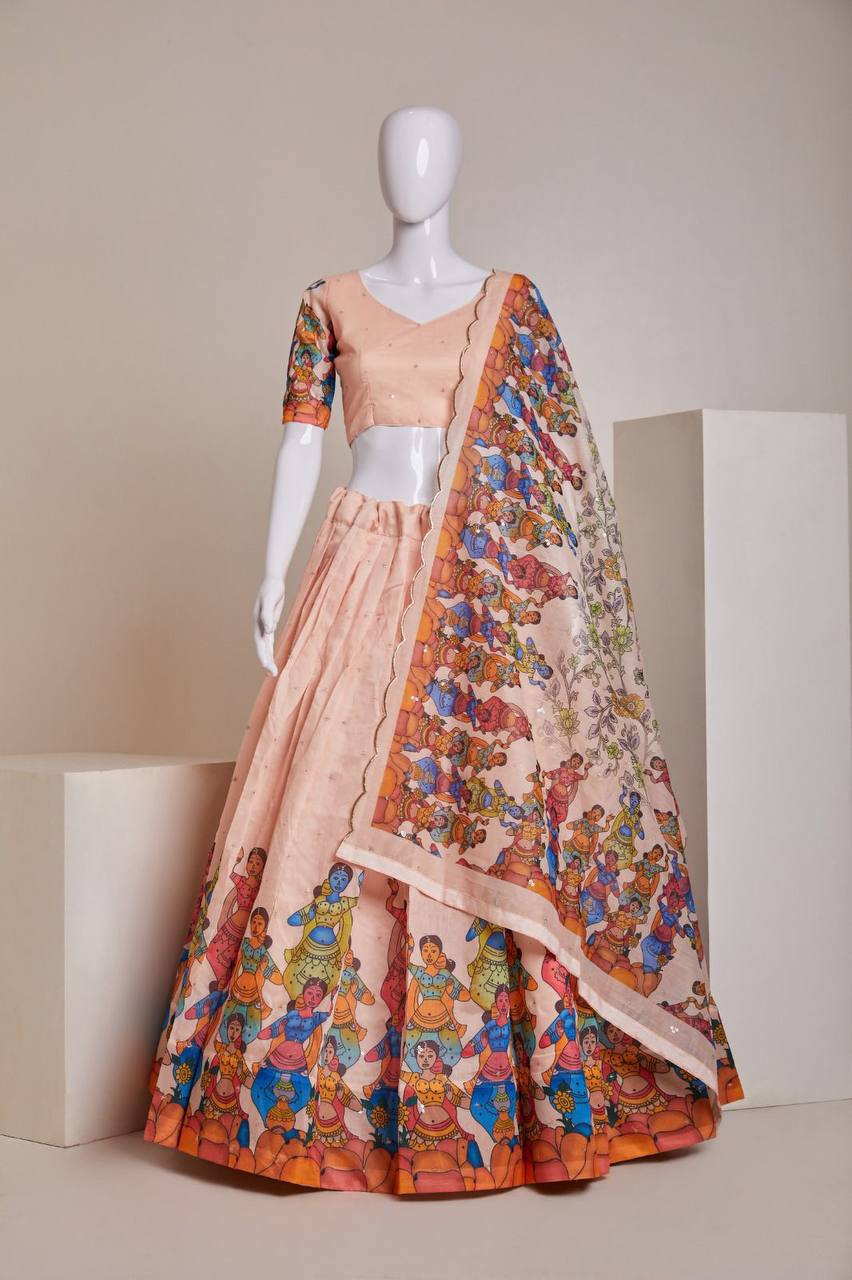 Peach Luxury Heavy Silk Lehenga Set with Embroidery, Sequins & Printed Detailing ClothsVilla Main image