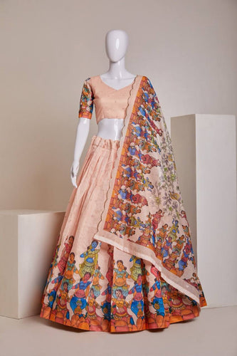 Peach Luxury Heavy Silk Lehenga Set with Embroidery, Sequins & Printed Detailing ClothsVilla