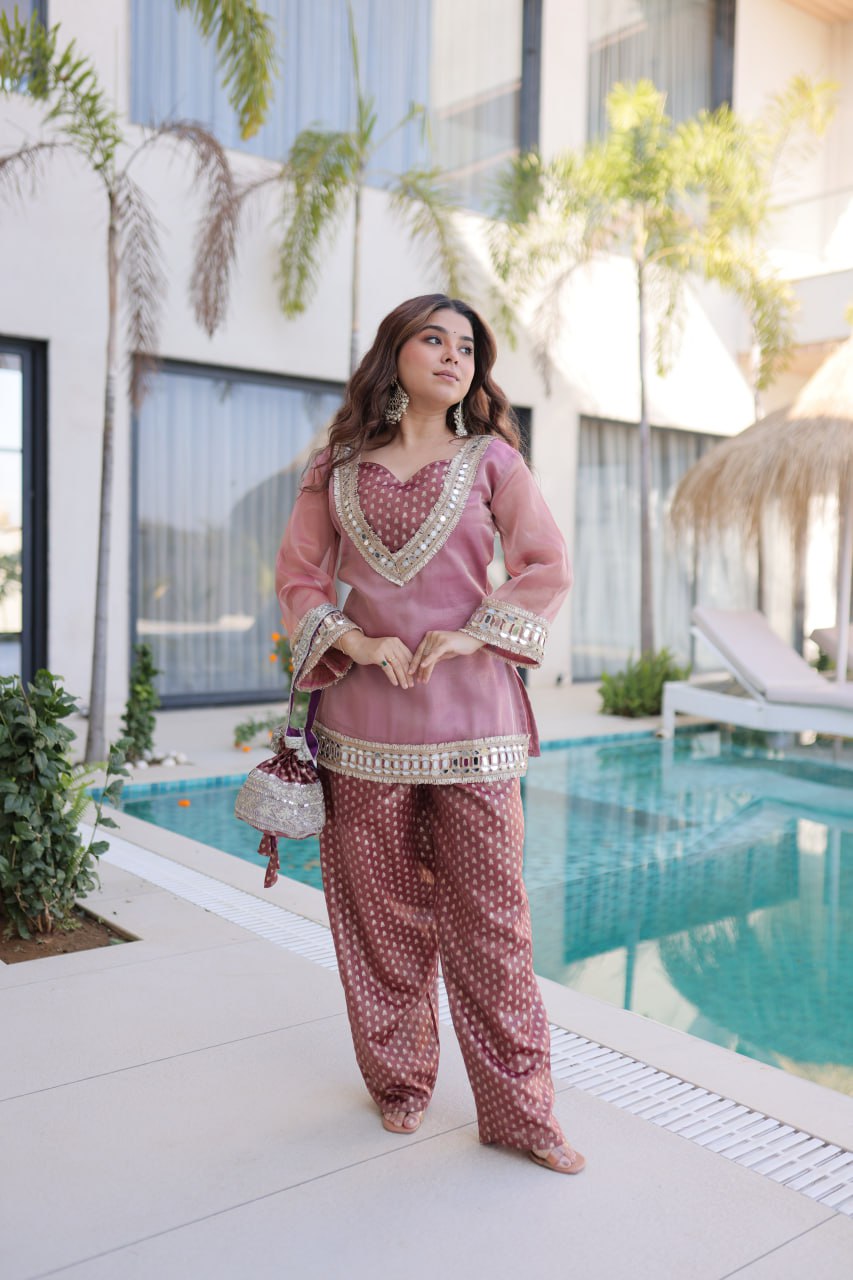 Peach Mirror Work Top Pant Set with Batwa ClothsVilla