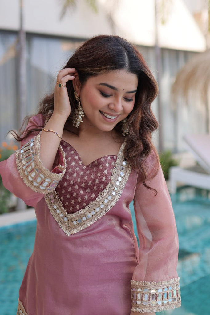 Peach Mirror Work Top Pant Set with Batwa ClothsVilla