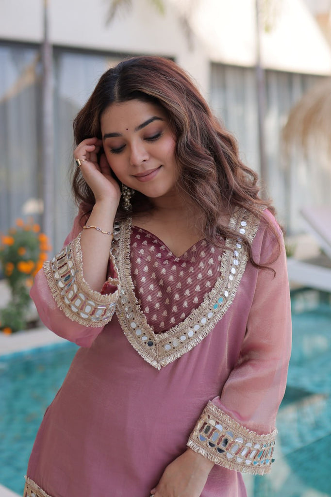 Peach Mirror Work Top Pant Set with Batwa ClothsVilla