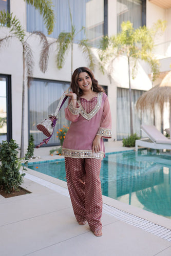 Peach Mirror Work Top Pant Set with Batwa ClothsVilla