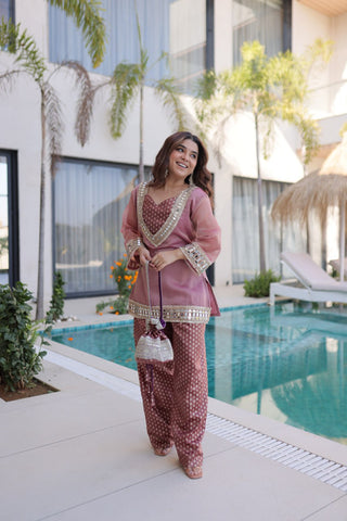 Peach Mirror Work Top Pant Set with Batwa ClothsVilla
