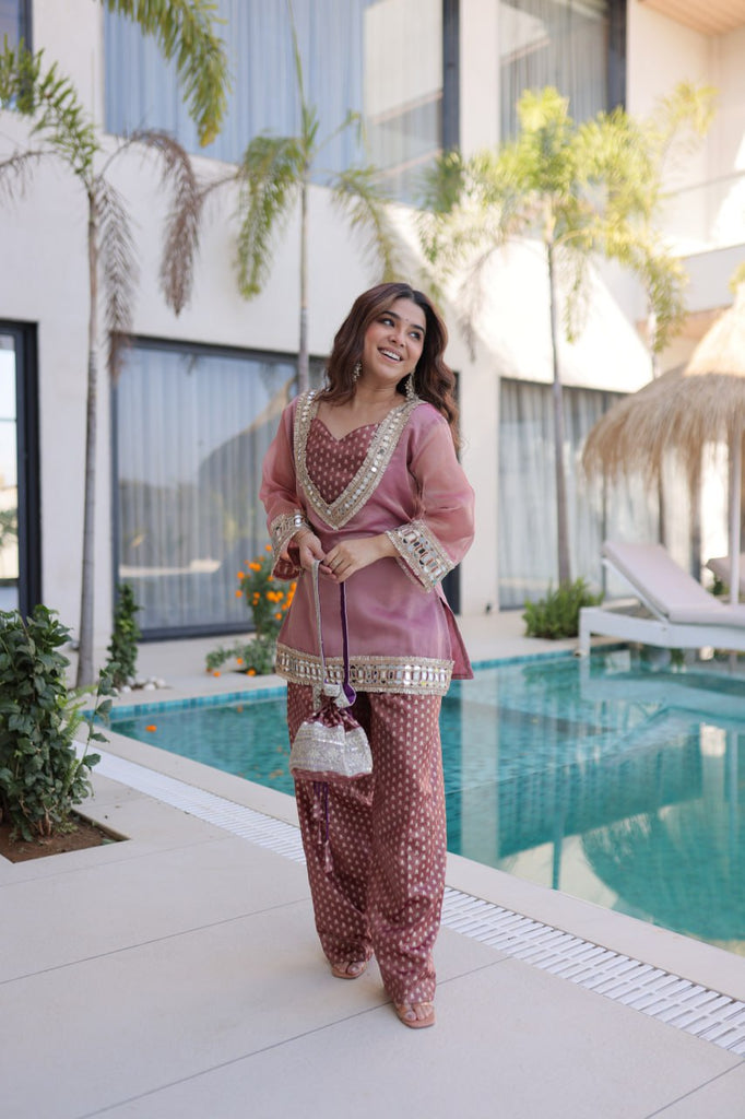 Peach Mirror Work Top Pant Set with Batwa ClothsVilla