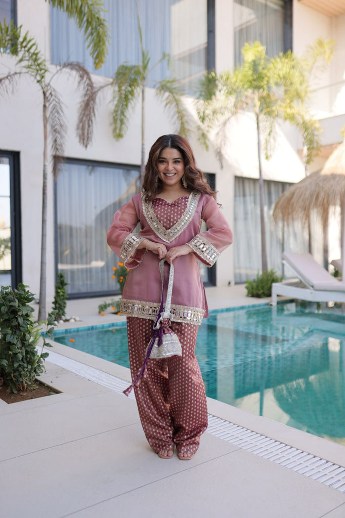 Peach Mirror Work Top Pant Set with Batwa ClothsVilla