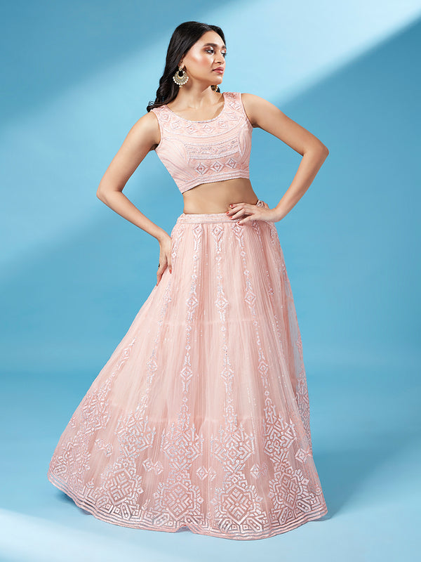 Peach Net Gotapatti Work Semi-Stitched Lehenga & Unstitched Blouse, Dupatta Clothsvilla