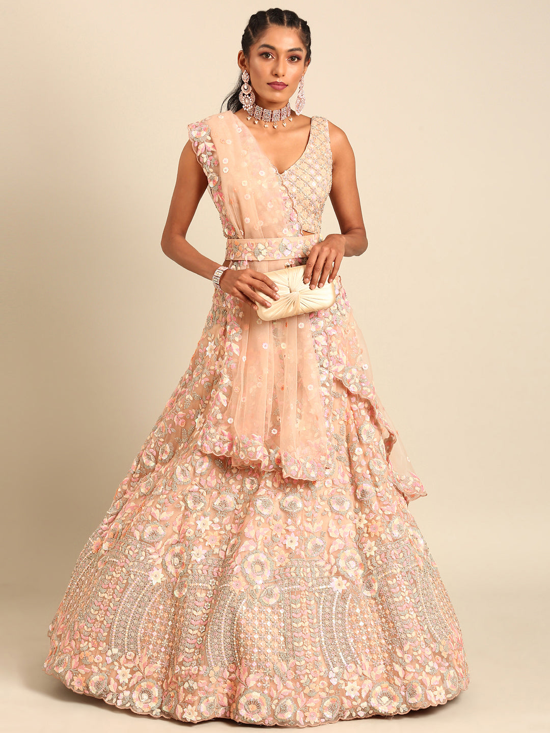 Peach Net Multi Sequins with heavy Zarkan embroidery Semi-Stitched Lehenga choli & Dupatta Clothsvilla Main image