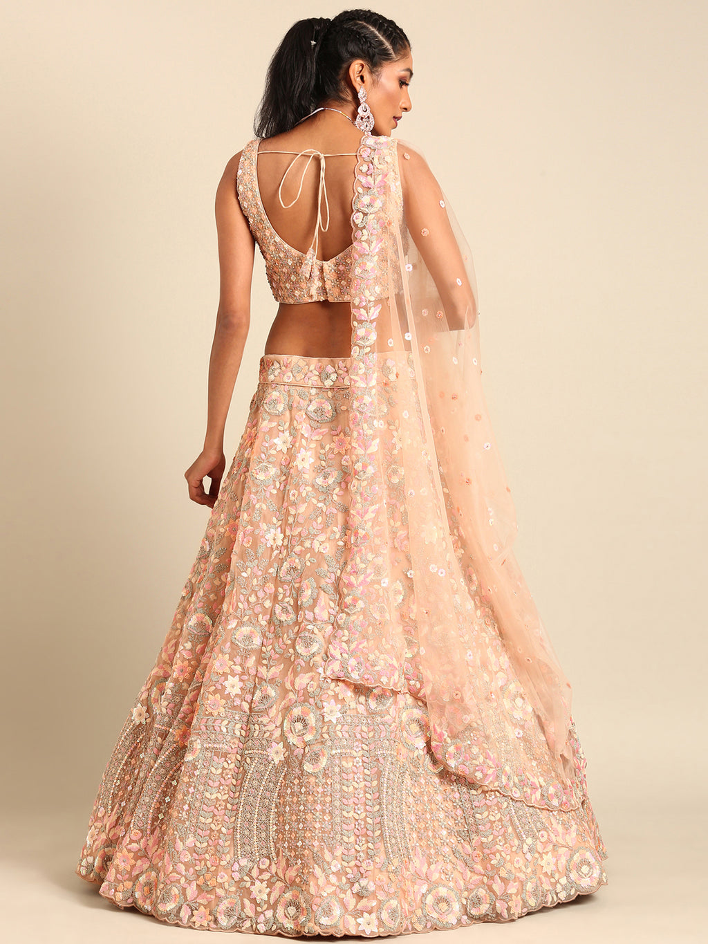 Peach Net Multi Sequins with heavy Zarkan embroidery Semi-Stitched Lehenga choli & Dupatta Clothsvilla