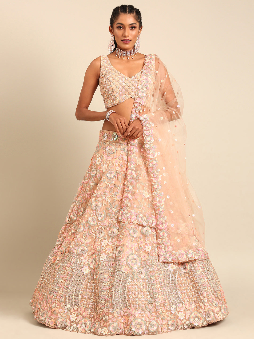 Peach Net Multi Sequins with heavy Zarkan embroidery Semi-Stitched Lehenga choli & Dupatta Clothsvilla