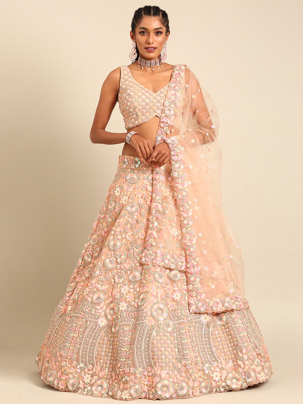 Peach Net Multi Sequins with heavy Zarkan embroidery Semi-Stitched Lehenga choli & Dupatta Clothsvilla