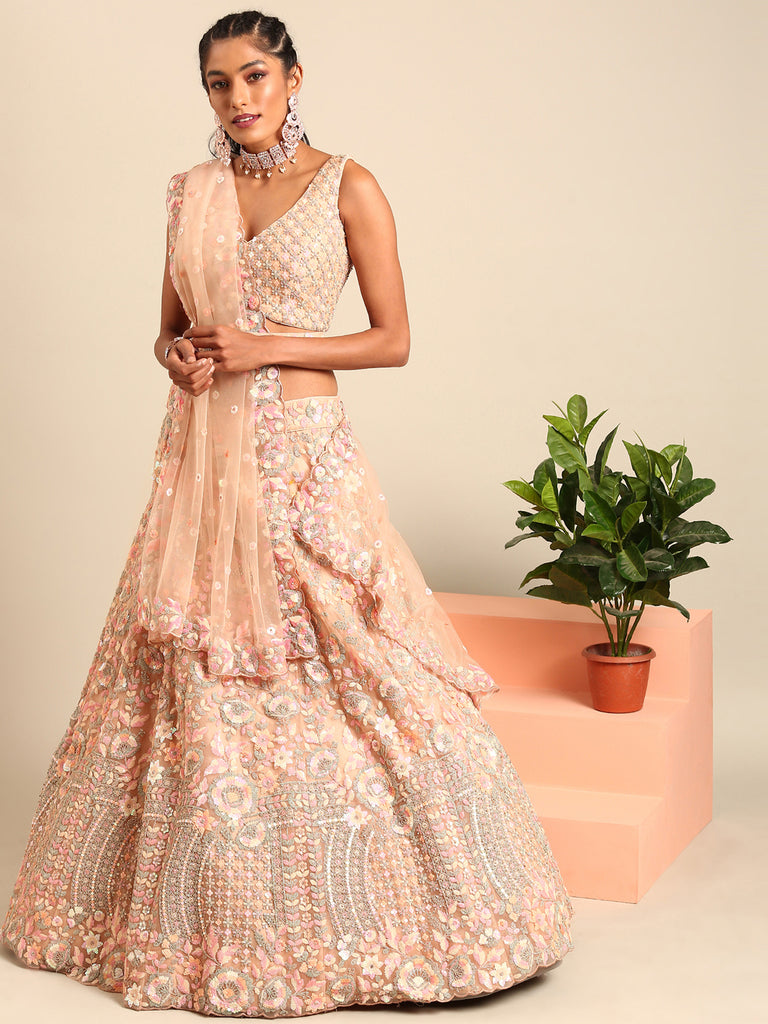 Peach Net Multi Sequins with heavy Zarkan embroidery Semi-Stitched Lehenga choli & Dupatta Clothsvilla