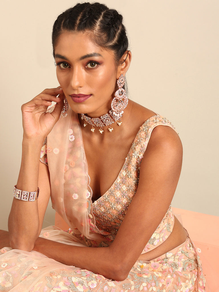 Peach Net Multi Sequins with heavy Zarkan embroidery Semi-Stitched Lehenga choli & Dupatta Clothsvilla