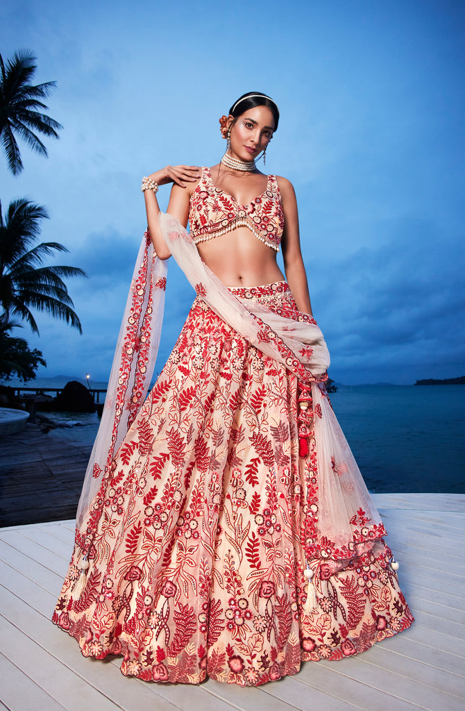 Peach Net Sequins, Mirror and thread embroidery Semi-Stitched Lehenga choli & Dupatta ClothsVilla