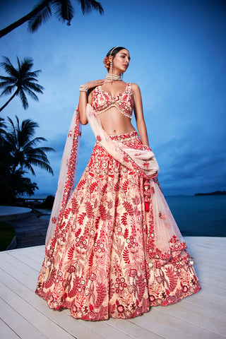 Peach Net Sequins, Mirror and thread embroidery Semi-Stitched Lehenga choli & Dupatta ClothsVilla