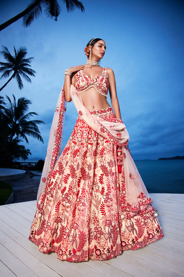 Peach Net Sequins, Mirror and thread embroidery Semi-Stitched Lehenga choli & Dupatta ClothsVilla
