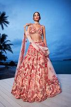 Load image into Gallery viewer, Peach Net Sequins, Mirror and thread embroidery Semi-Stitched Lehenga choli &amp; Dupatta ClothsVilla