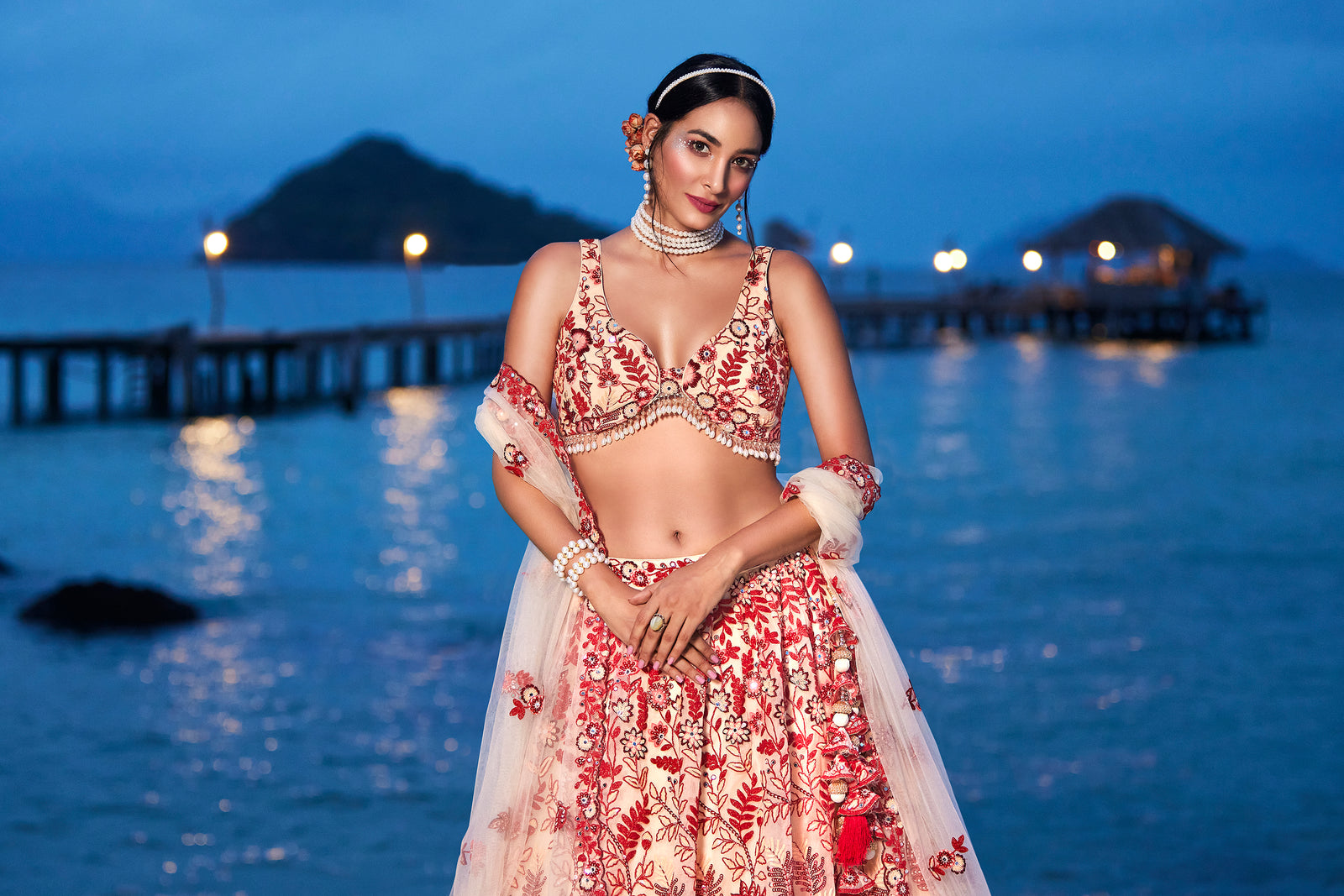 Peach Net Sequins, Mirror and thread embroidery Semi-Stitched Lehenga choli & Dupatta ClothsVilla