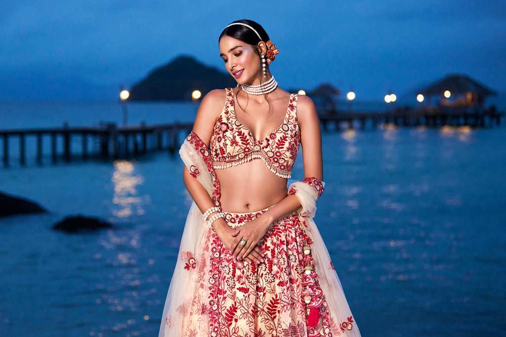 Peach Net Sequins, Mirror and thread embroidery Semi-Stitched Lehenga choli & Dupatta ClothsVilla