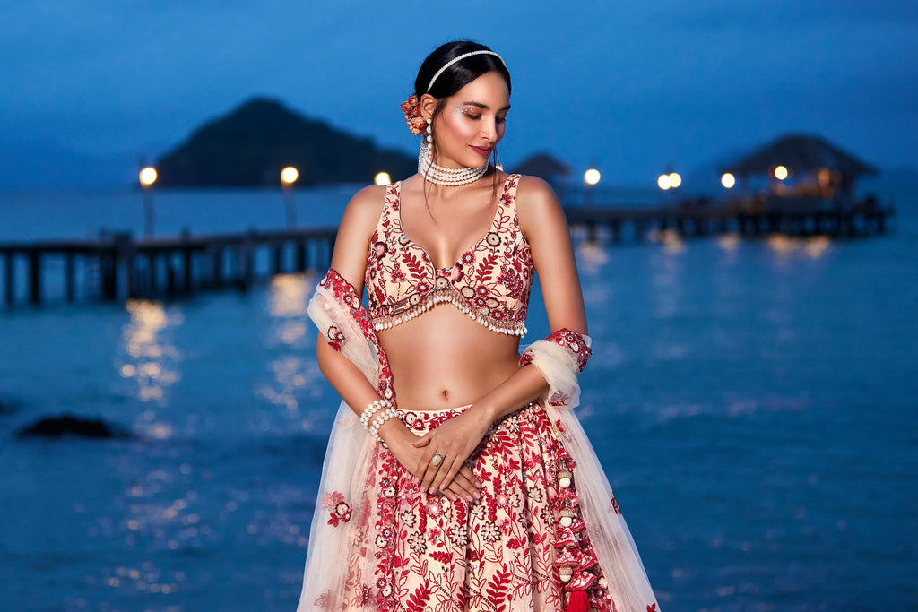 Peach Net Sequins, Mirror and thread embroidery Semi-Stitched Lehenga choli & Dupatta ClothsVilla