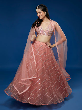 Peach Net Sequinse Embroidered Semi-Stitched Lehenga & Blouse with Dupatta ClothsVilla
