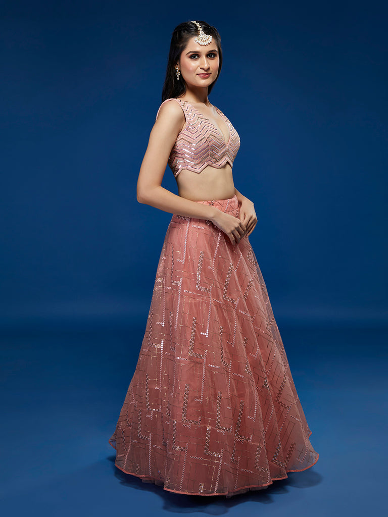 Peach Net Sequinse Embroidered Semi-Stitched Lehenga & Blouse with Dupatta ClothsVilla