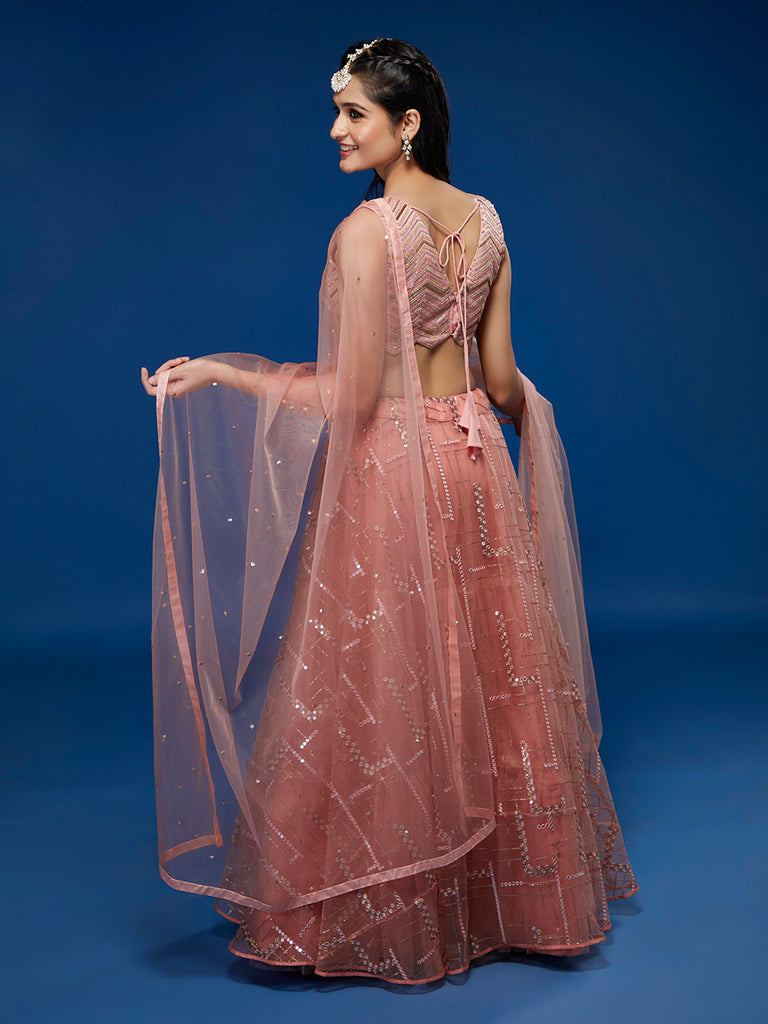 Peach Net Sequinse Embroidered Semi-Stitched Lehenga & Blouse with Dupatta ClothsVilla