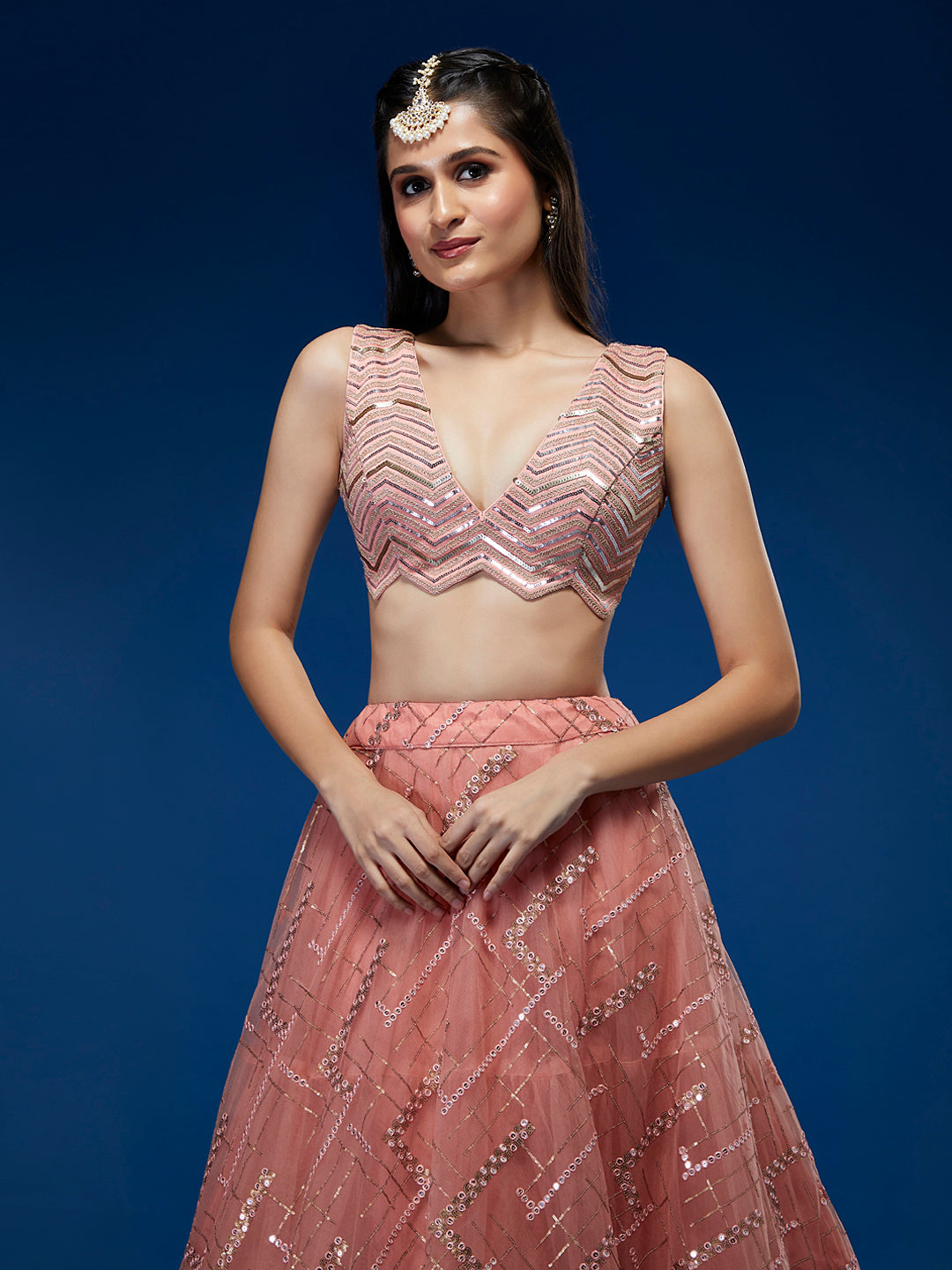 Peach Net Sequinse Embroidered Semi-Stitched Lehenga & Blouse with Dupatta ClothsVilla