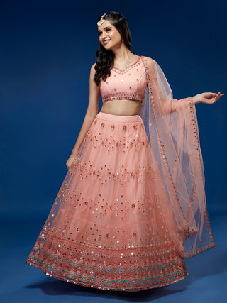 Peach Net Sequinse Work Semi-Stitched Lehenga & Unstitched Blouse, Dupatta Clothsvilla