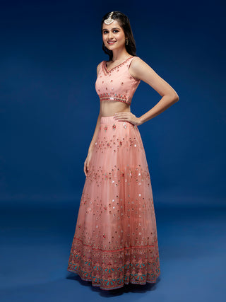 Peach Net Sequinse Work Semi-Stitched Lehenga & Unstitched Blouse, Dupatta Clothsvilla