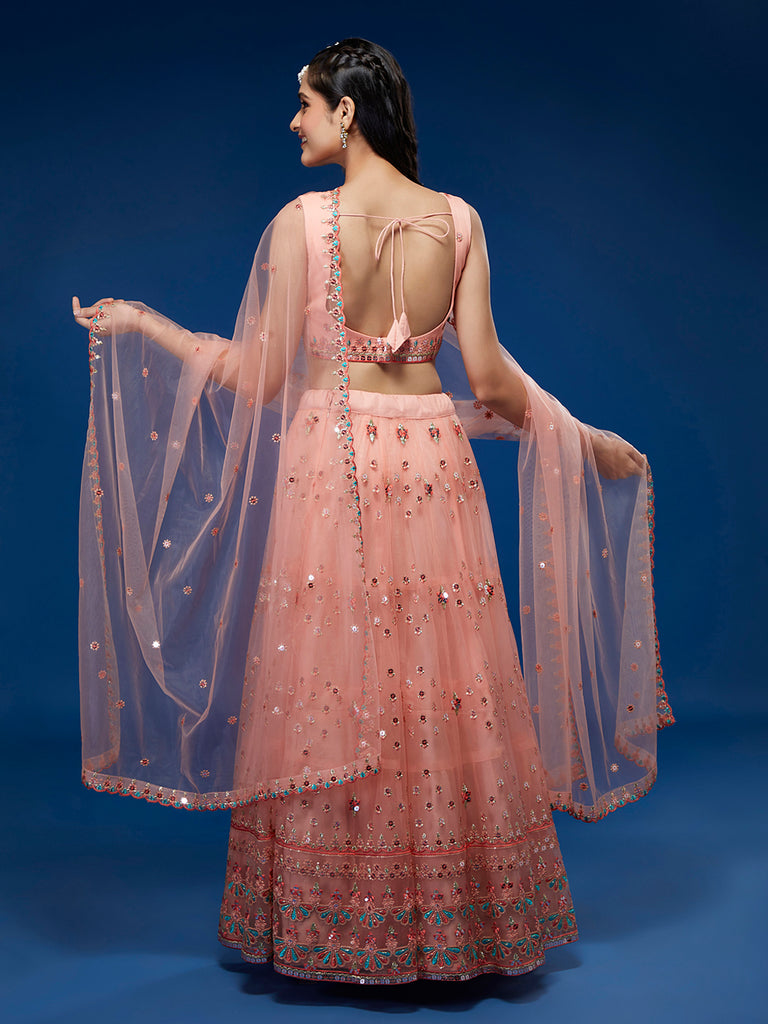 Peach Net Sequinse Work Semi-Stitched Lehenga & Unstitched Blouse, Dupatta Clothsvilla