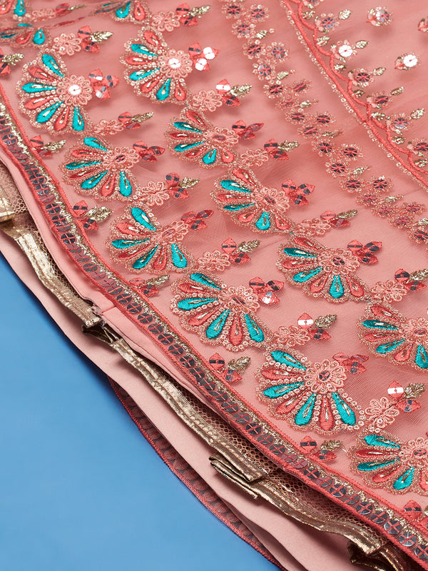 Peach Net Sequinse Work Semi-Stitched Lehenga & Unstitched Blouse, Dupatta Clothsvilla