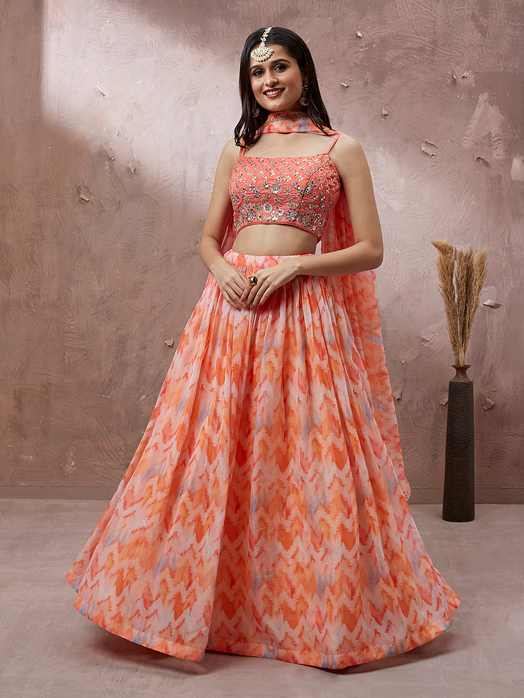 Isha Gupta Tayal Floral Bloom Print Lehenga Set | Orange, Floral,  Georgette, V Neck, Sleeveless | Lehenga, Aza fashion, Satin color