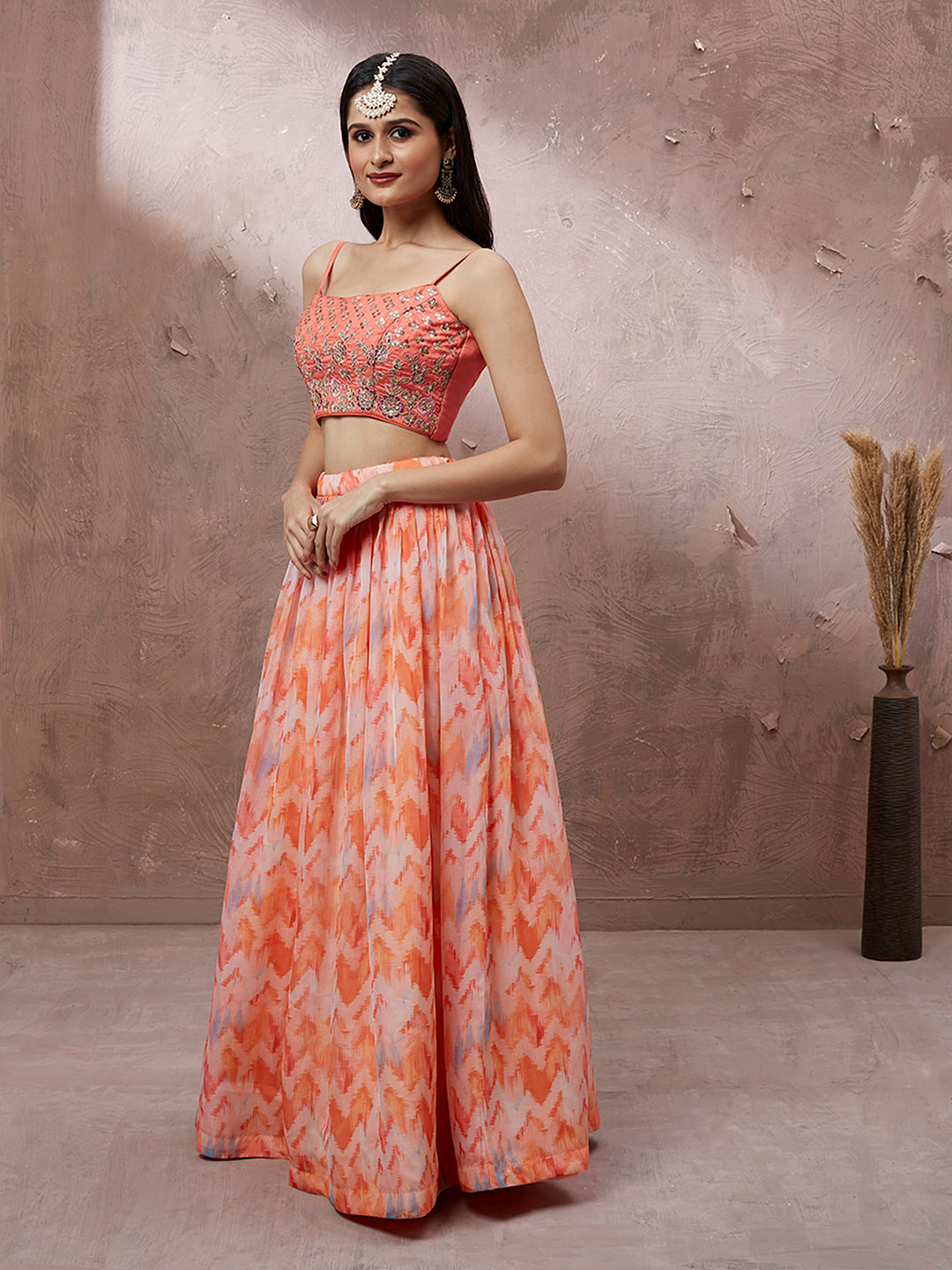 Peach Organza Floral Printed Semi-Stitched Lehenga choli & Dupatta Clothsvilla