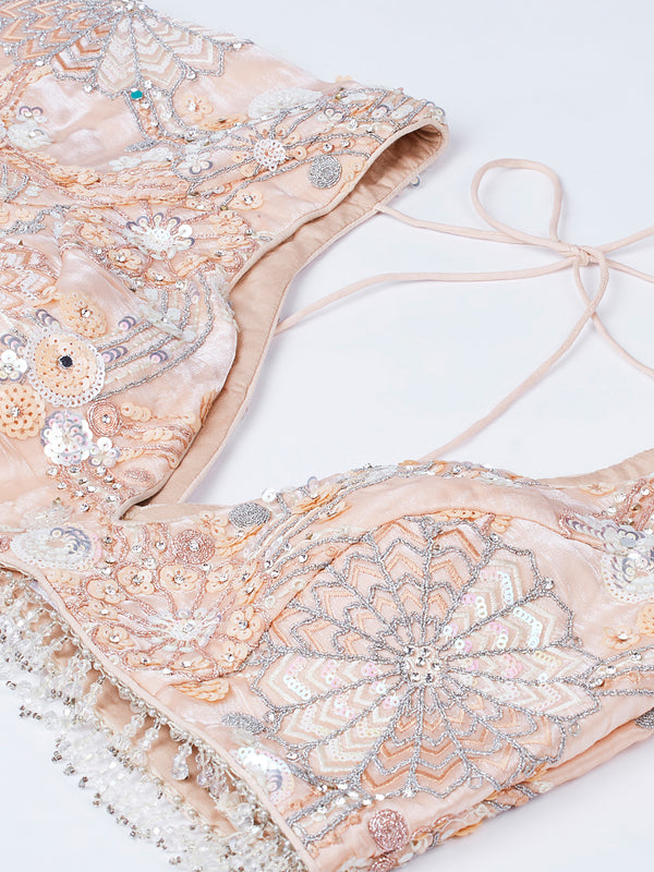 Peach Organza Lehenga Choli Set with Sequins, Zari & Thread Embroidery ClothsVilla
