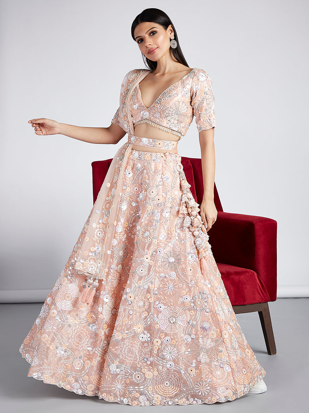 Peach Organza Lehenga Choli Set with Sequins, Zari & Thread Embroidery ClothsVilla