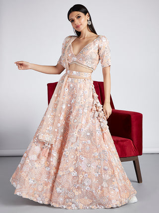 Peach Organza Lehenga Choli Set with Sequins, Zari & Thread Embroidery ClothsVilla