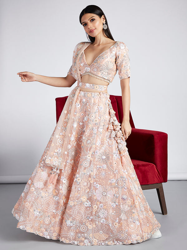 Peach Organza Lehenga Choli Set with Sequins, Zari & Thread Embroidery ClothsVilla