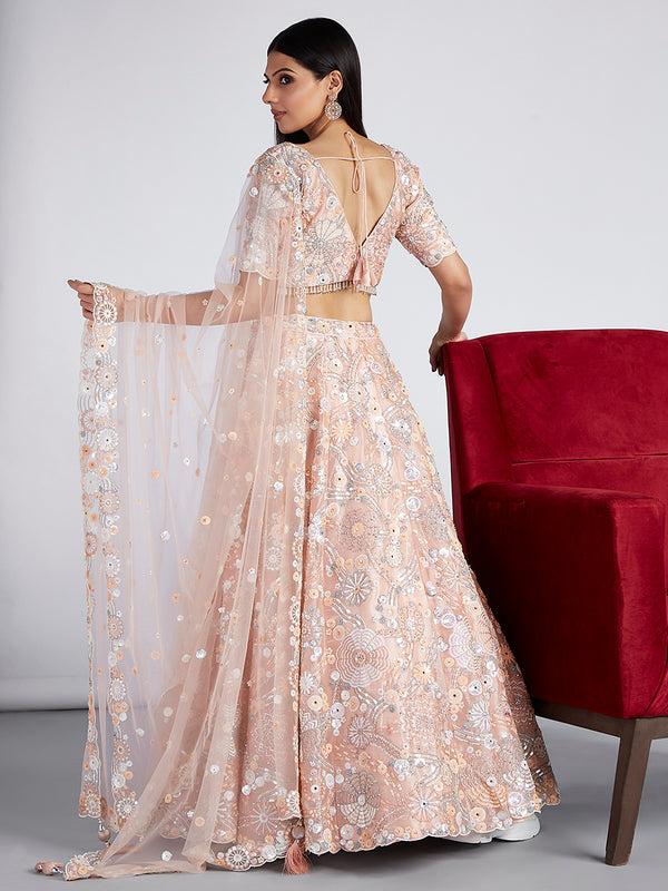 Peach Organza Lehenga Choli Set with Sequins, Zari & Thread Embroidery ClothsVilla